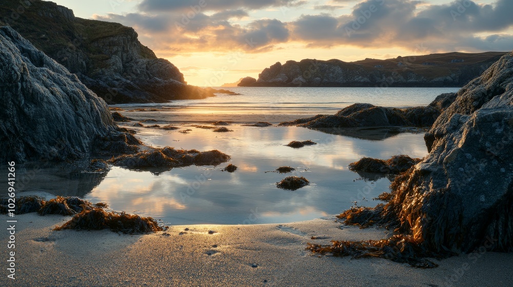 Fototapeta premium Serene Sunset Over Rugged Coastal Landscape with Reflective Lake