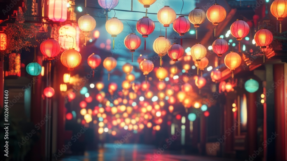 A walkway with many lights hanging from the ceiling. The lights are of different colors and sizes A walkway with many lights hanging from the ceiling. The lights are of different colors and sizes
