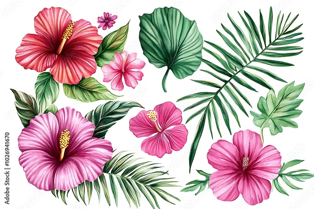 set of tropical plants and flowers on a white background set of tropical plants and flowers on a white background