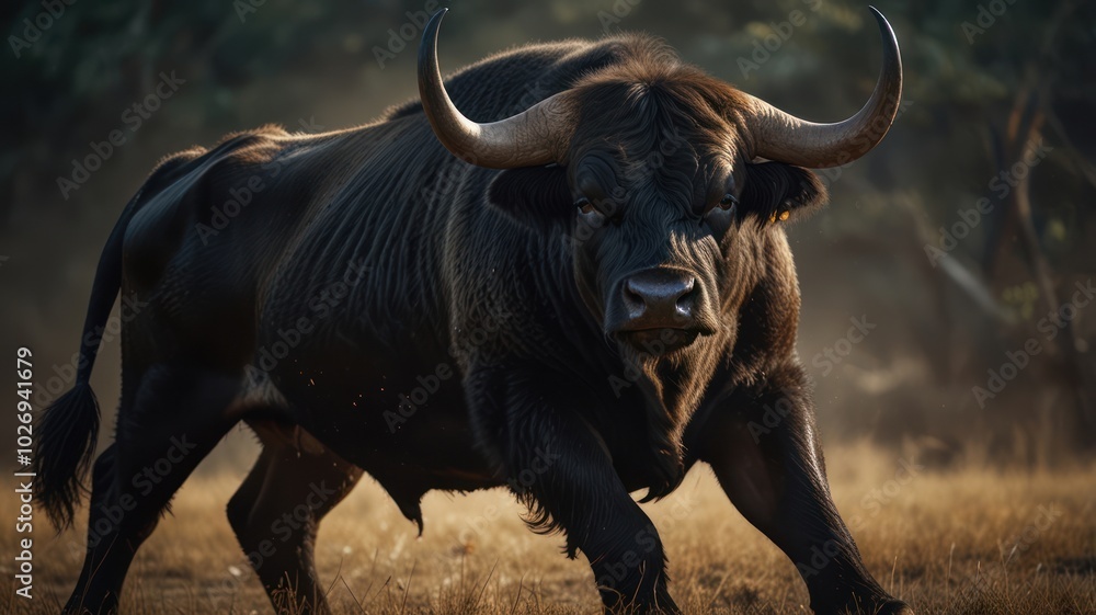 Naklejka premium A powerful bull surveys its territory, its thick fur and massive horns a testament to its strength