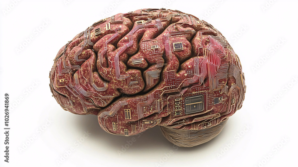 3d render of a human brain with detailed circuit board pattern and gold contacts 3d render of a human brain with detailed circuit board pattern and gold contacts