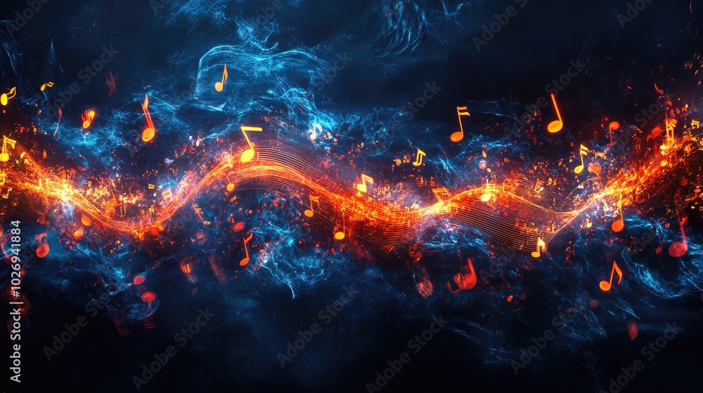 Fototapeta premium A symphonic masterpiece where musical notes and glowing light trails intertwine, symbolizing the energy and emotion of music in motion.