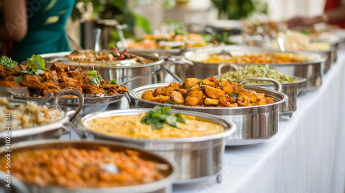 Delicious spread of traditional Indian cuisine arranged at a vibrant banquet during daytime