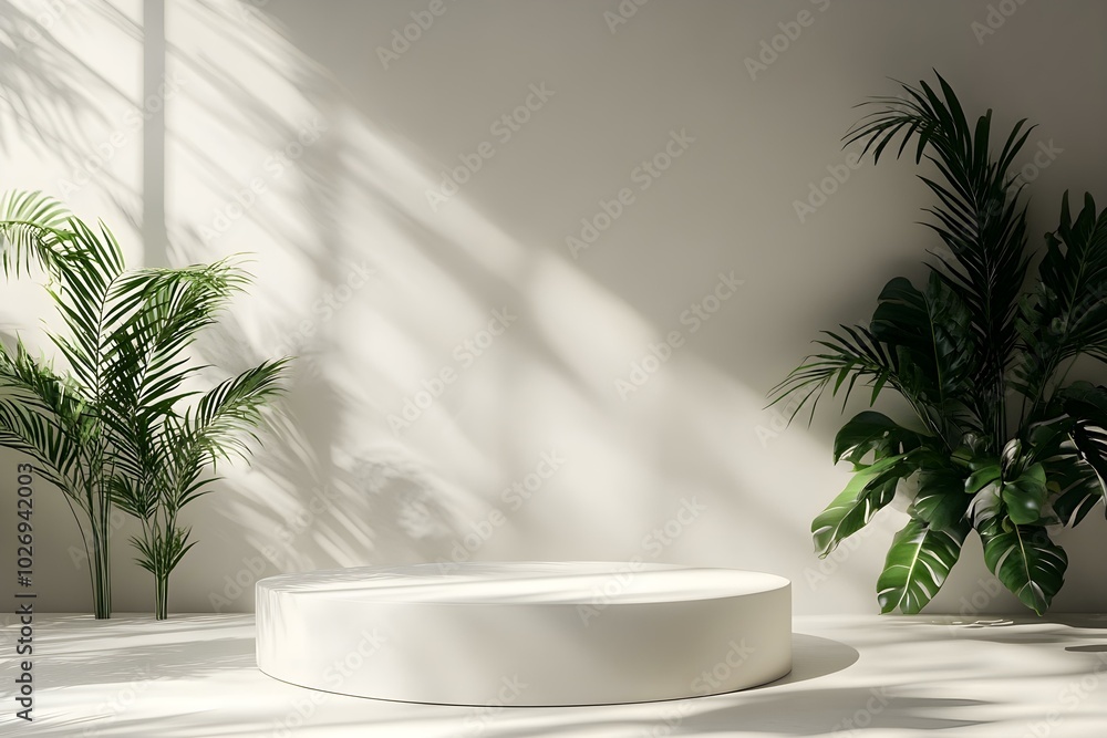Fototapeta premium Minimalist Display Area with Lush Greenery and Soft Shadows