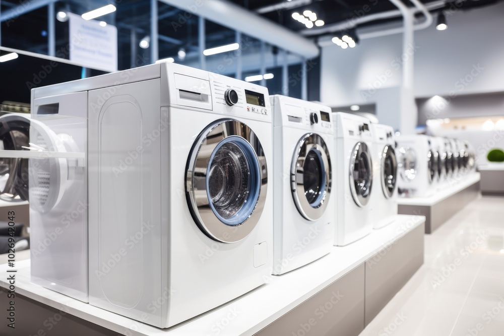 A line of modern washing machines gleams in a brightly lit store showroom, showcasing cutting-edge design and technology. A line of modern washing machines gleams in a brightly lit store showroom, showcasing cutting-edge design and technology.