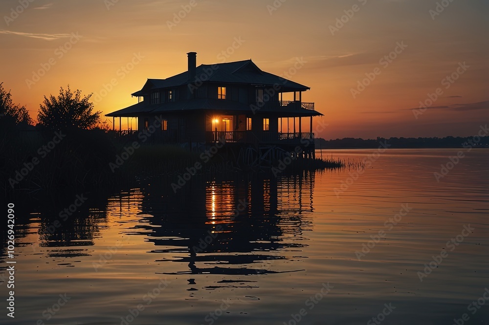 Fototapeta premium Silhouette of a house on water at sunset