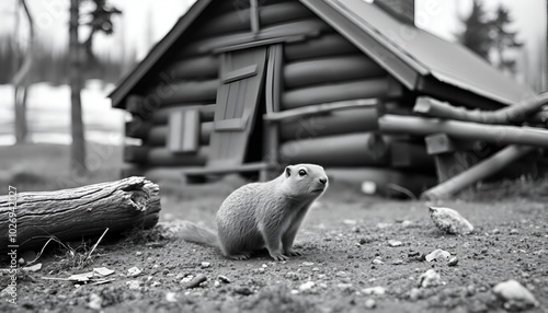 Alaskan Marmot 1937 - A curious ground squirrel, a member of the Marmot family, skulks around a cabin in the wilderness of the Alaska Territory in 1937. photo