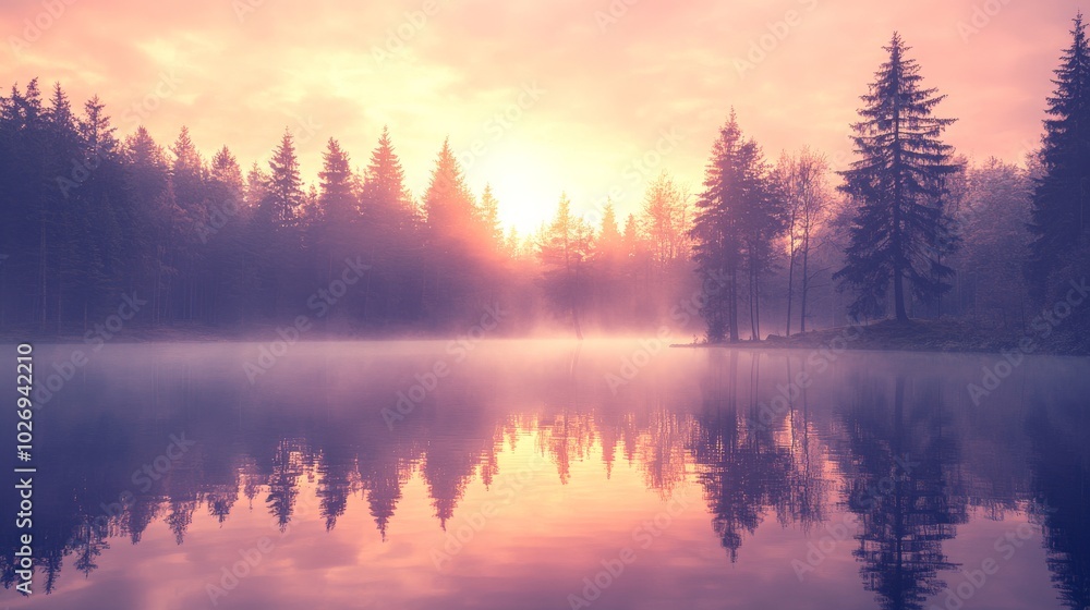 Obraz premium Misty Sunrise in the Tranquil Forest Lake