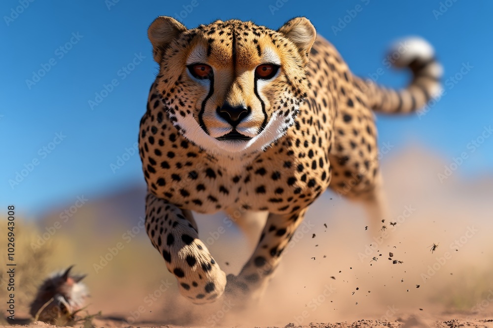 Hyper-realistic image of a cheetah mid-sprint, with muscles, fur, and every speck of dust rendered in lifelike detail as it chases prey across the savanna Hyper-realistic image of a cheetah mid-sprint, with muscles, fur, and every speck of dust rendered in lifelike detail as it chases prey across the savanna