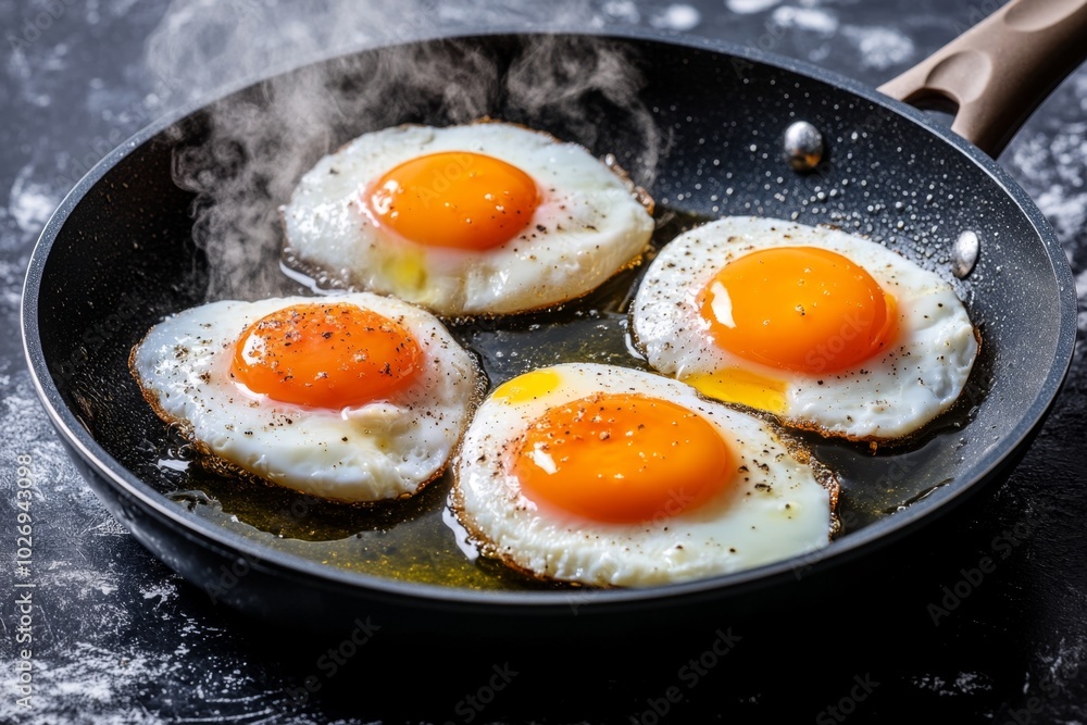 Hyper-realistic image of a frying pan with eggs being cooked, with the sizzling oil and steam captured in vivid detail, showing the intensity and excitement of a first cooking experience Hyper-realistic image of a frying pan with eggs being cooked, with the sizzling oil and steam captured in vivid detail, showing the intensity and excitement of a first cooking experience
