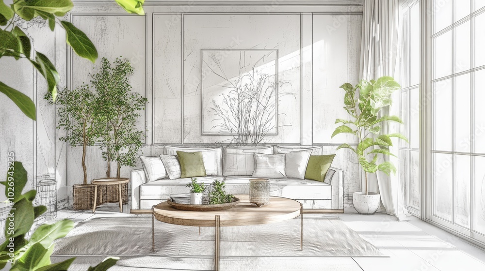 Modern Minimalist Living Room Design with Sketch Lines, Light Green Accents, and Indoor Plants in Wide-Angle Shot Modern Minimalist Living Room Design with Sketch Lines, Light Green Accents, and Indoor Plants in Wide-Angle Shot