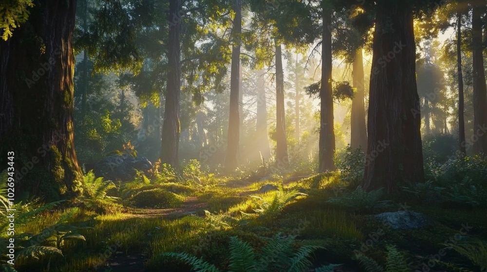 Obraz premium Enchanted Forest Sunlight: A Serene Woodland Landscape