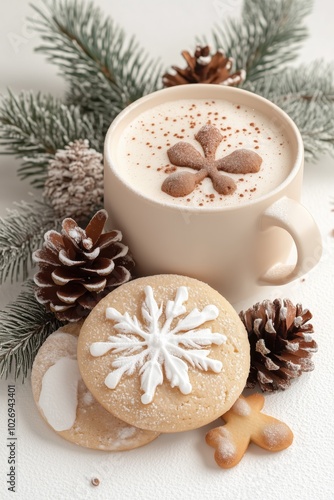 Cozy Winter Scene with Hot Chocolate, Snowflake Cookies, and Pine Cones on a White Background for Holiday and Seasonal Themes