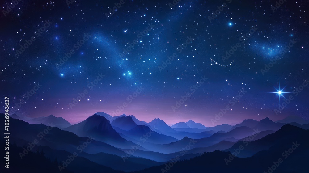 A mountain range with a blue sky and stars. The stars are scattered throughout the sky. The mountains are in the background and the sky is blue A mountain range with a blue sky and stars. The stars are scattered throughout the sky. The mountains are in the background and the sky is blue