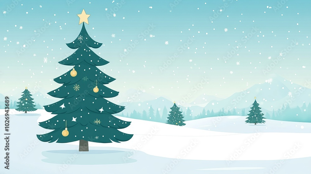 A serene winter landscape featuring a decorated Christmas tree amidst snow and mountains. A serene winter landscape featuring a decorated Christmas tree amidst snow and mountains.
