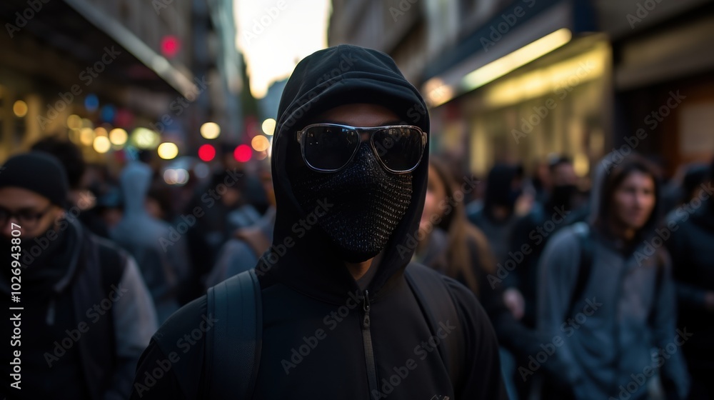 A mysterious figure in dark clothing and reflective sunglasses stands in a bustling urban setting, conveying secrecy and intrigue. A mysterious figure in dark clothing and reflective sunglasses stands in a bustling urban setting, conveying secrecy and intrigue.