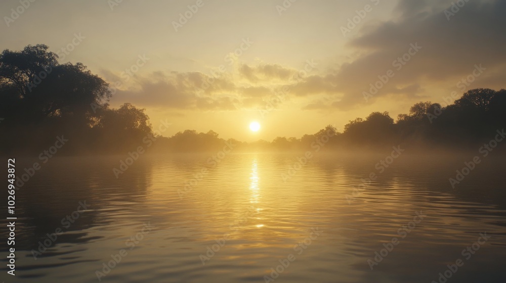 Serene Lake Sunset with Misty Reflections Serene Lake Sunset with Misty Reflections