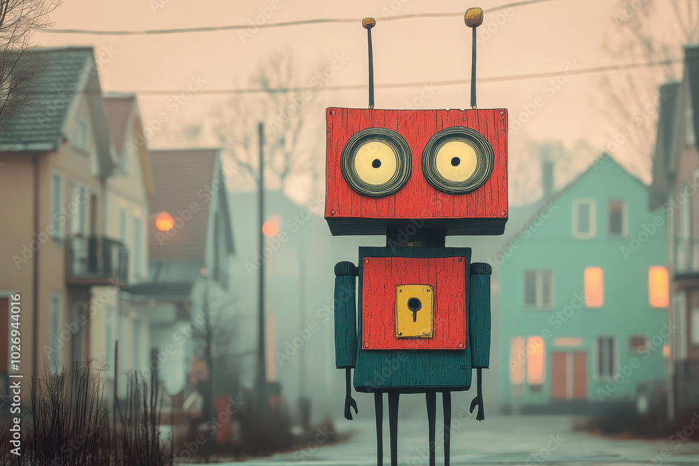 Naklejka premium Whimsical robot with keyhole in the chest standing on a street, surreal and futuristic illustration
