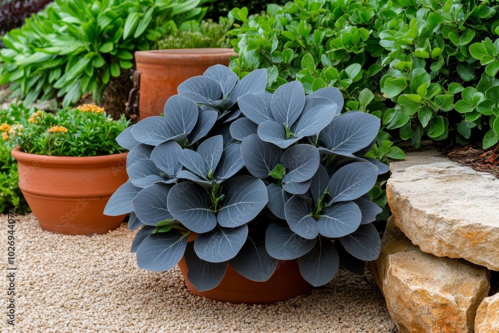 Myrtle Spurge in a Mediterranean-style garden, its bluish-gray leaves adding a cool contrast to the warm terracotta pots and sun-baked stones around it Myrtle Spurge in a Mediterranean-style garden, its bluish-gray leaves adding a cool contrast to the warm terracotta pots and sun-baked stones around it
