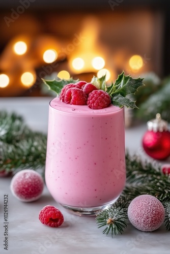 Wallpaper Mural Festive Holiday Raspberry Smoothie with Holly Garnish in Front of Cozy Fireplace and Christmas Decorations, Perfect for Seasonal Celebrations and Winter Gatherings Torontodigital.ca