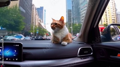 cat riding a car on a busy highway