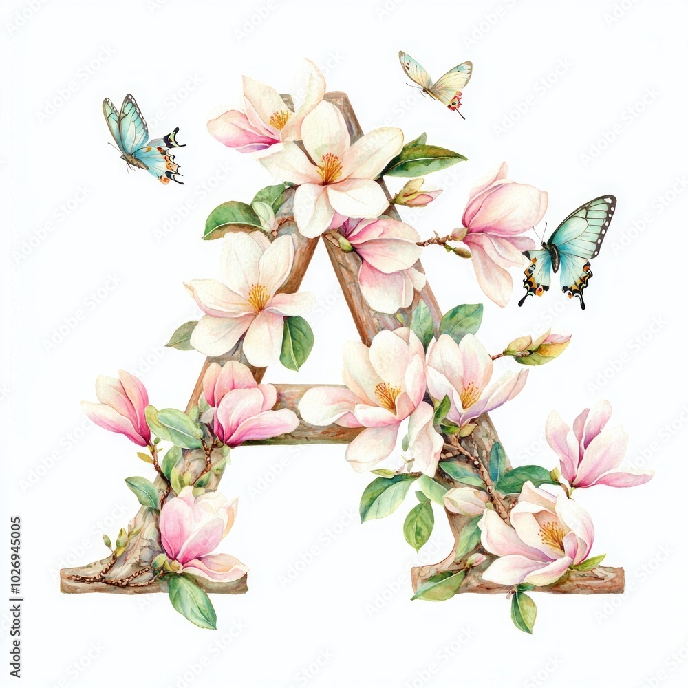 Obraz premium Isolated on white background, letter A surrounded by blooming magnolias and gentle butterflies, with a soft watercolor technique