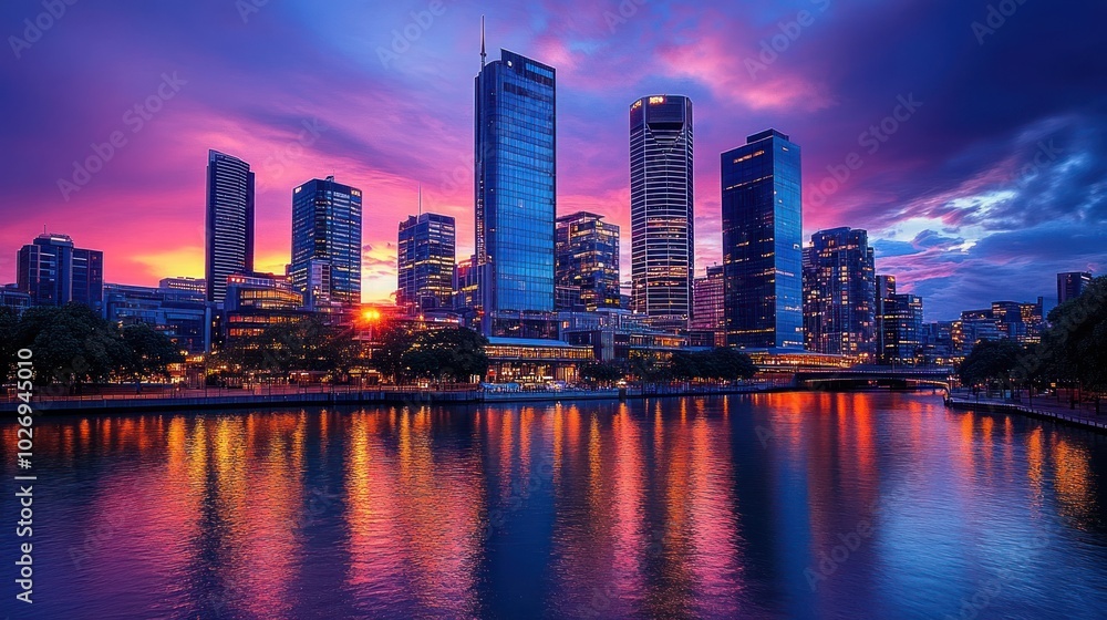 Fototapeta premium A vibrant city skyline at sunset reflecting on a river.