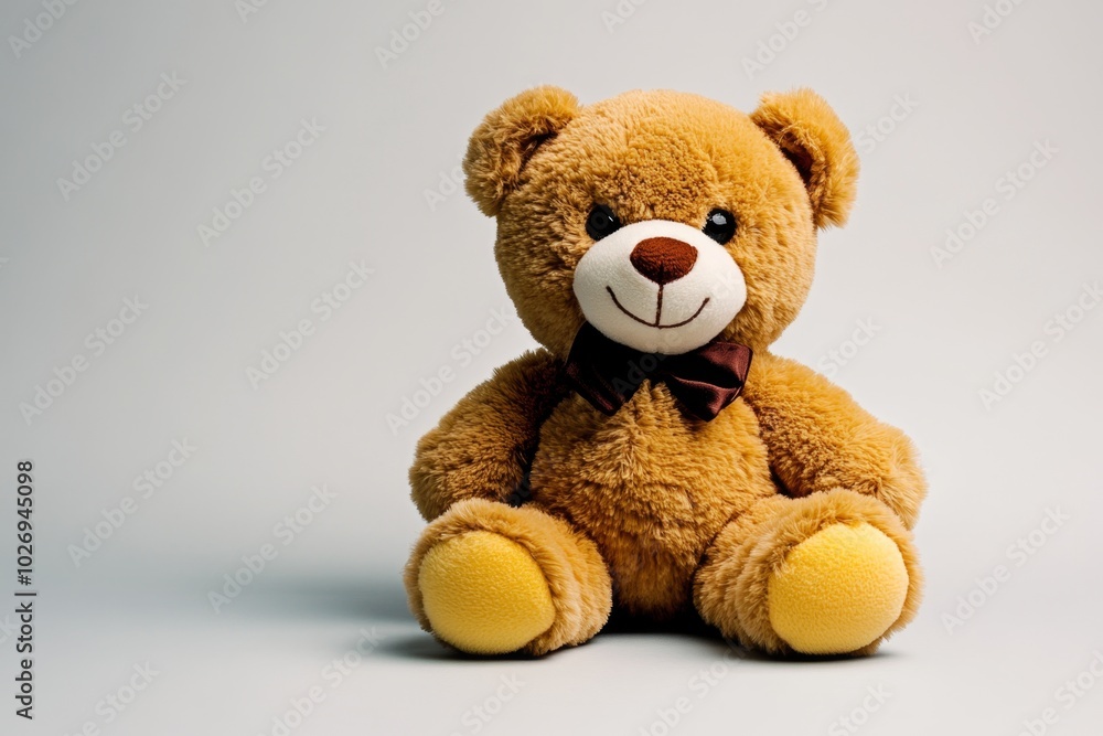 Obraz premium Single teddy bear doll sitting alone, with soft, muted colors and no background, emphasizing its comforting and nostalgic presence