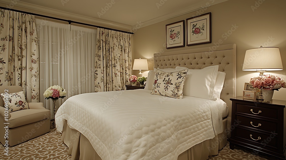 Fototapeta premium Cozy and Inviting Bedroom with Soft Linens