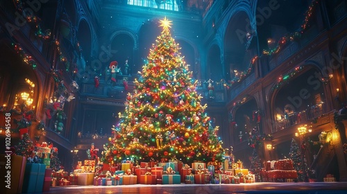 A Festive Christmas Celebration with a Stunningly Decorated Tree and Gifts in an Enchanting Setting