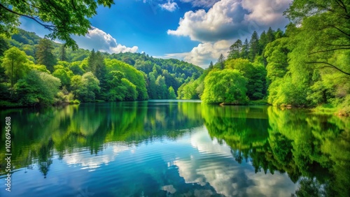 Serene lake surrounded by lush green forest , water, trees, calm, nature, tranquil, reflections, peaceful, scenic, idyllic