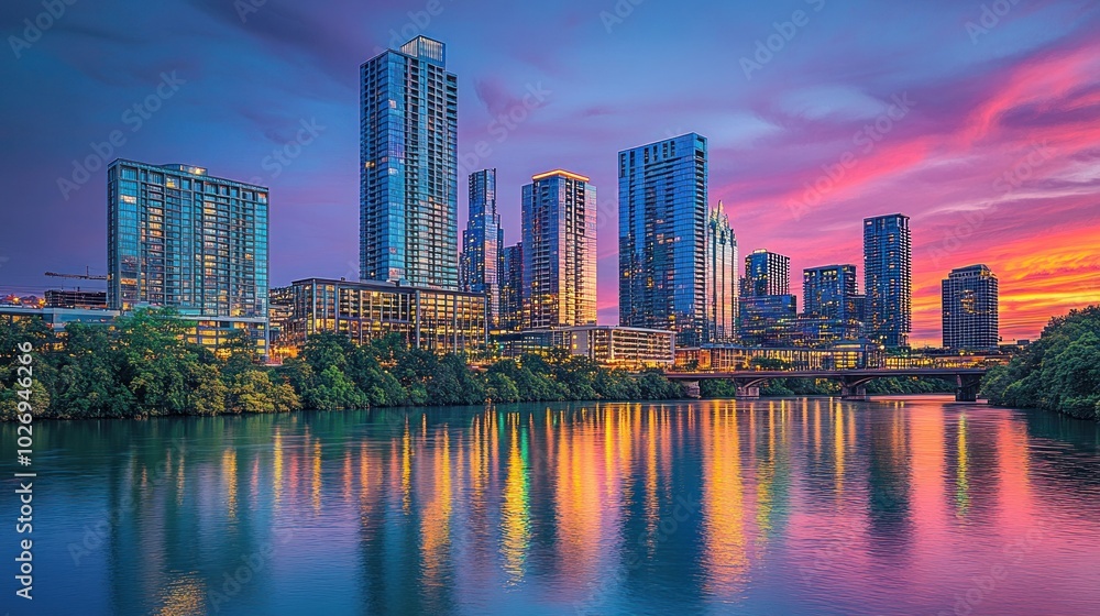 Obraz premium Vibrant city skyline at sunset reflecting on water.