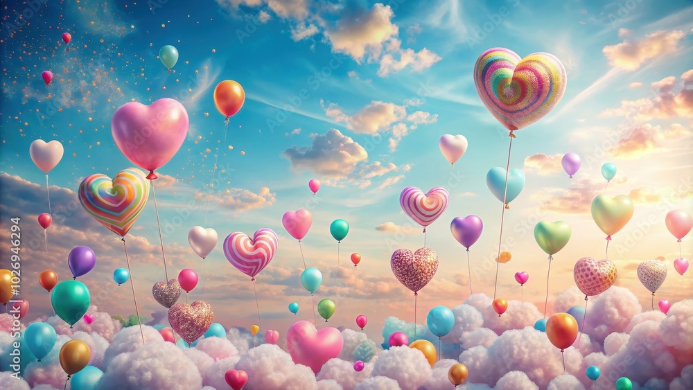 Fototapeta premium Whimsical and dreamy sky filled with candy balloons and sweet hearts , whimsical, dreamy, sky, candy balloons, sweet hearts