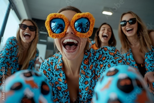 Woman wearing a goofy Halloween costume thatâ€™s far too big, with her friends laughing as she tries to keep from tripping over the oversized feet photo