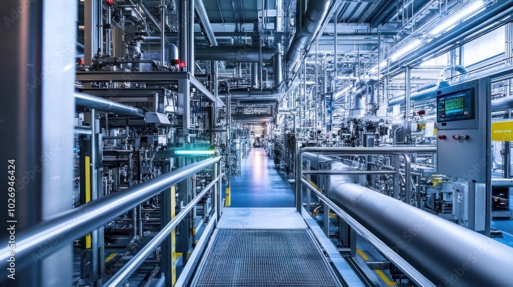 Advanced technology in an industrial plant, with computerized systems and digital controls monitoring production, emphasizing innovation. Advanced technology in an industrial plant, with computerized systems and digital controls monitoring production, emphasizing innovation.
