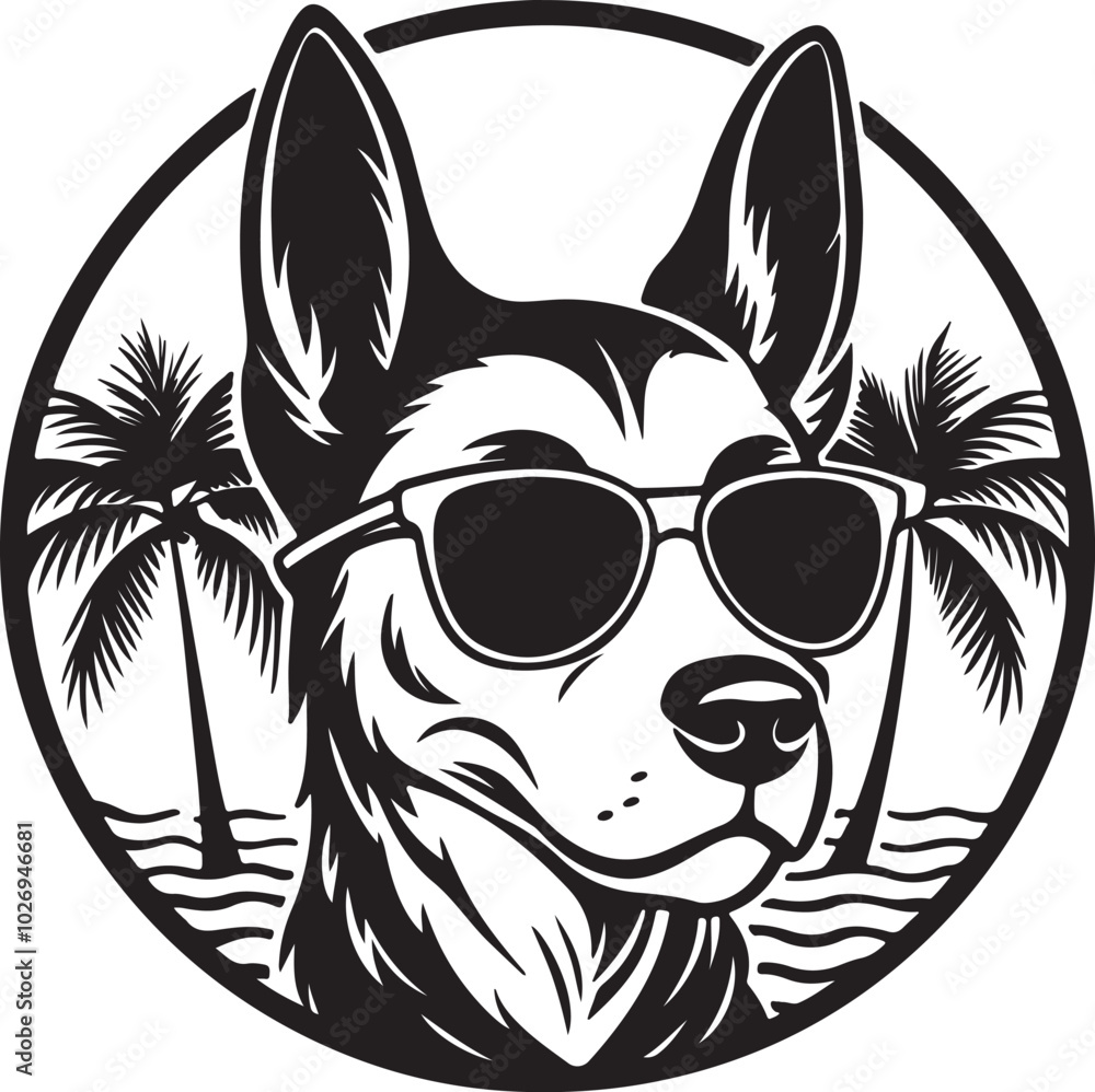 Obraz premium A stylish dog wearing a hat and sunglasses, surrounded by palm trees, featured in a beach-themed t-shirt design