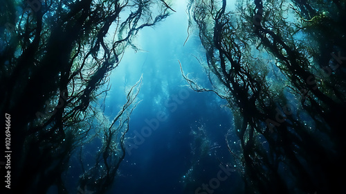 Otherworldly seaweed forest Bioluminescent tendrils suspended in inky void Ethereal translucent texture Surreal underwater scene photo