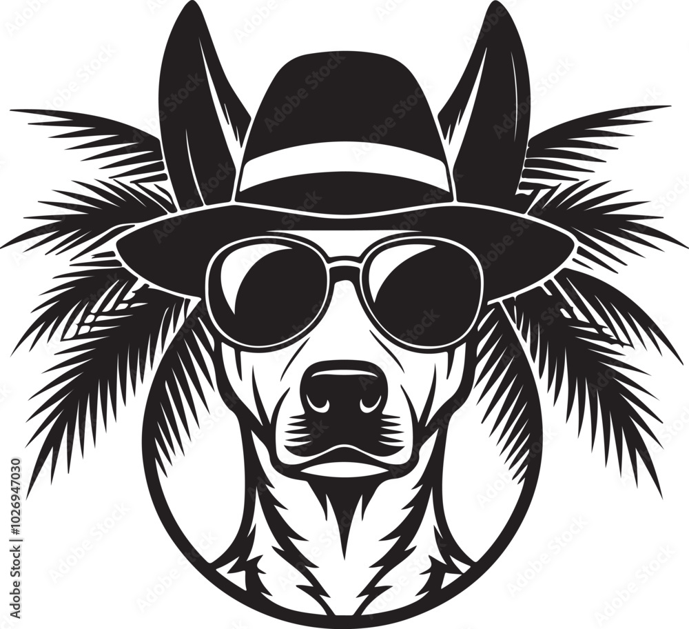 Obraz premium A stylish dog wearing a hat and sunglasses, surrounded by palm trees, featured in a beach-themed t-shirt design