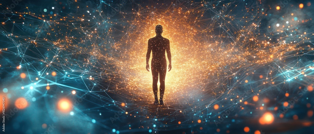 A silhouette of a person standing in front of a bright light with glowing particles and abstract lines. A silhouette of a person standing in front of a bright light with glowing particles and abstract lines.