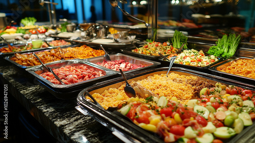 Buffet spread featuring a variety of colorful dishes in a restaurant setting during dinner hours