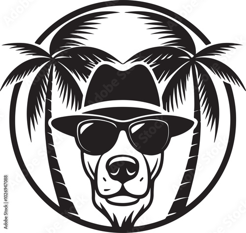 A stylish dog wearing a hat and sunglasses, surrounded by palm trees, featured in a beach-themed t-shirt design