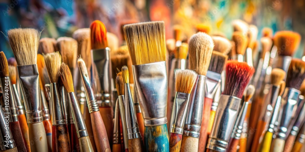 Fototapeta premium Close-up of various types of brushes in an artist's studio , paint, brushes, artist, studio, art supplies