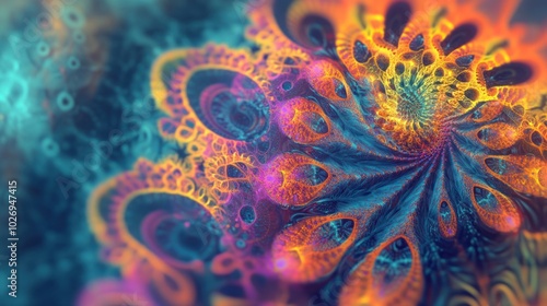 A 3D digital wallpaper with a mesmerizing kaleidoscope of fractal patterns and vibrant colors.