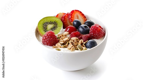 A bowl of yogurt with floating fruits and granola above a solid white backdrop photo