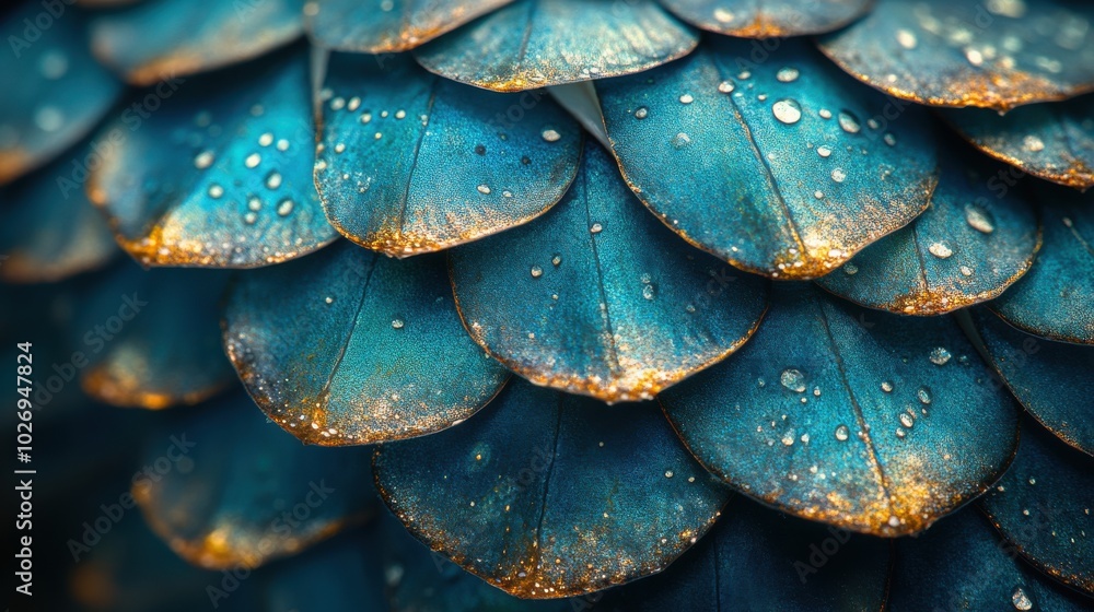 Obraz premium Iridescent turquoise scales shimmer with golden flecks, capturing the enchanting beauty of nature’s intricate patterns.