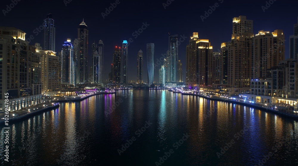 Fototapeta premium Breathtaking Night View of Dubai Marina Skyline and Waterfront