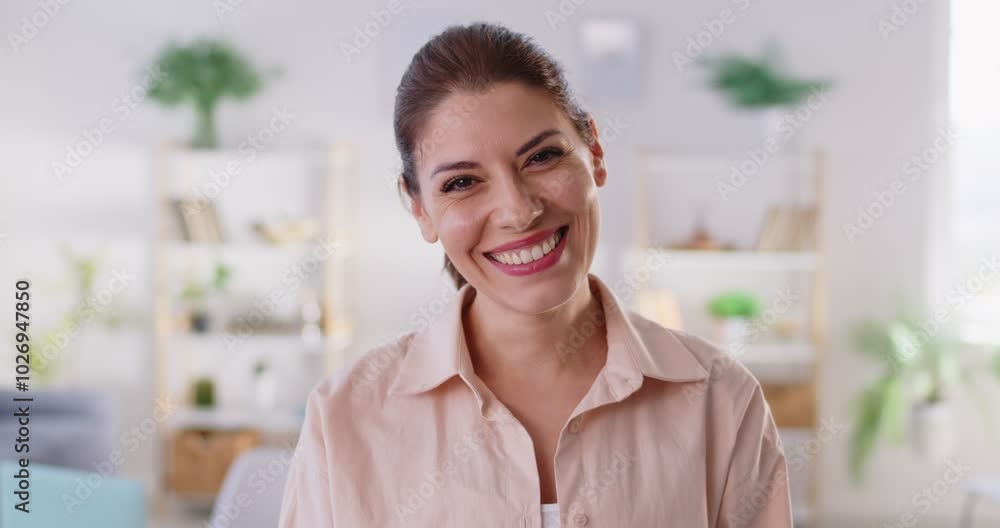 Portrait of young smiling brunette woman in pastel pink shirt looking straight at camera and laughing with joy, creating positive and inviting atmosphere, conveying sense of happiness and warmth. Portrait of young smiling brunette woman in pastel pink shirt looking straight at camera and laughing with joy, creating positive and inviting atmosphere, conveying sense of happiness and warmth.