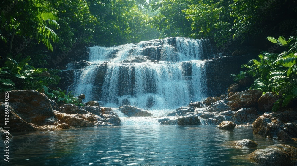 Fototapeta premium Serene Waterfall in Lush Tropical Forest
