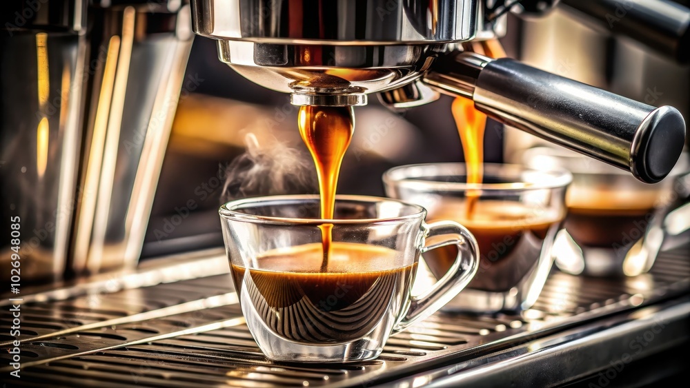 Close-up of espresso being poured , coffee, barista, brewing, close-up, cafe, espresso shot Close-up of espresso being poured , coffee, barista, brewing, close-up, cafe, espresso shot