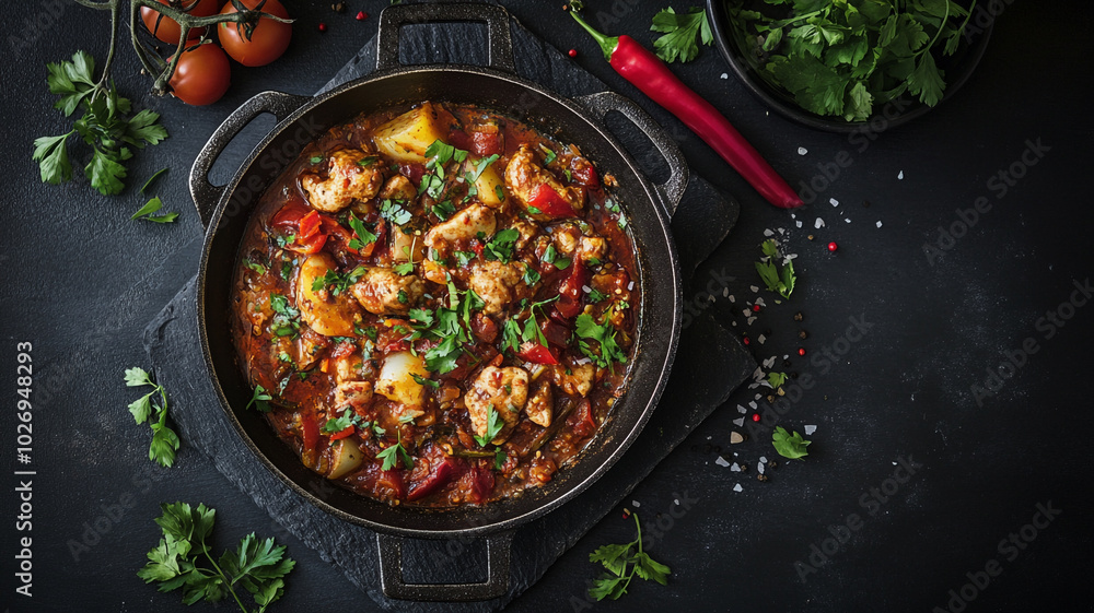 Spicy chicken stew with fresh herbs, served in a skillet on a dark surface Spicy chicken stew with fresh herbs, served in a skillet on a dark surface